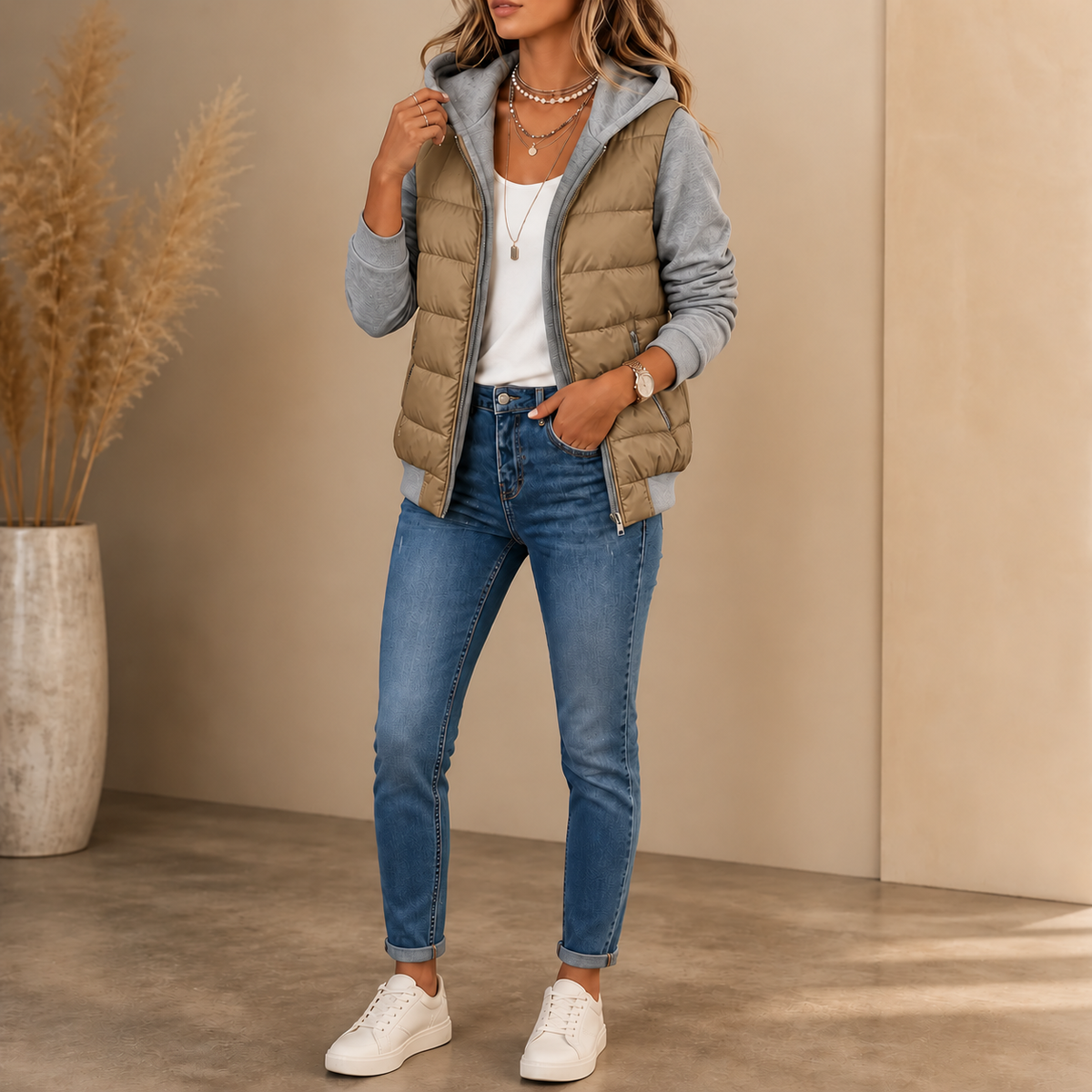 Women's hip-length quilted puffer jacket with hood and long knit sleeves