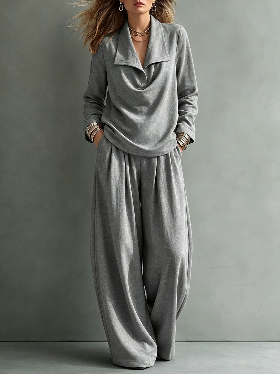 Women's lapel two-piece outfit with long-sleeve top and wide-leg trousers