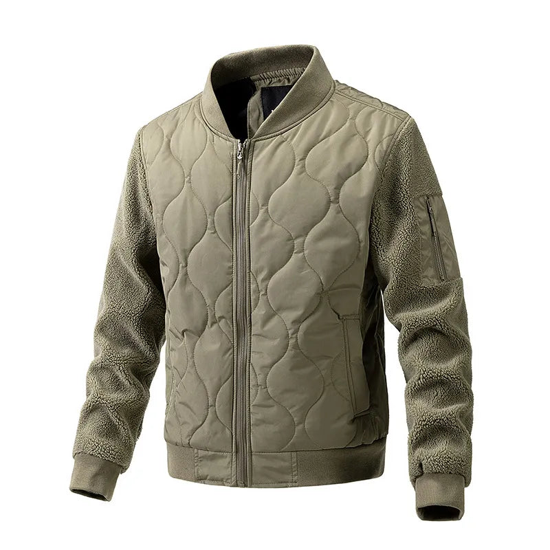 Men's Quilted Jacket Fleece Sleeve Stand Collar - Beige
