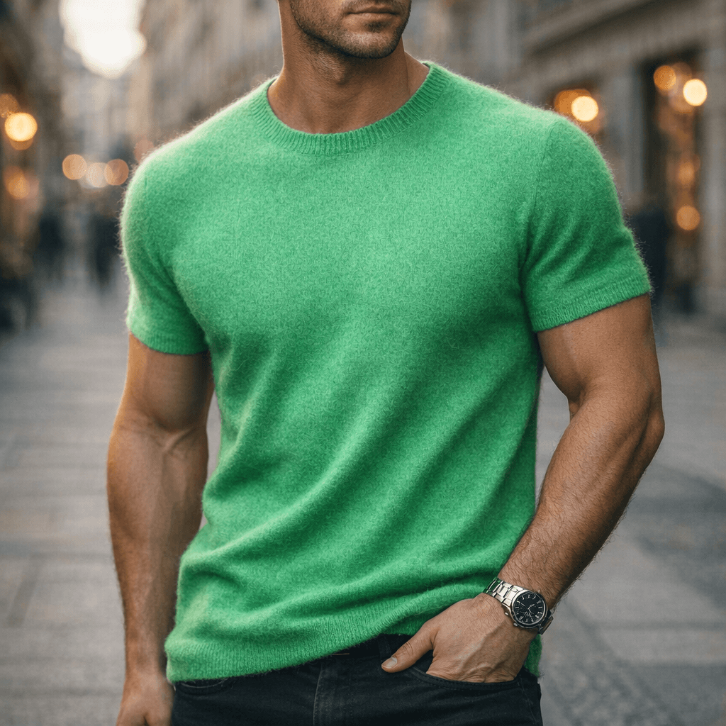 Men's short-sleeve knitted crew neck T-shirt with ribbed edging