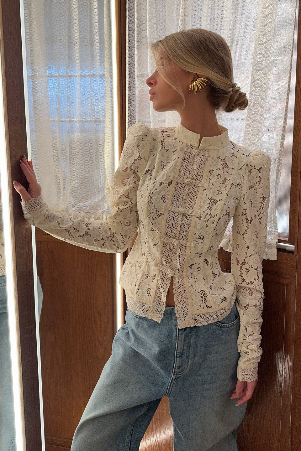 Women's white floral lace cardigan with stand collar and frog-style front ties