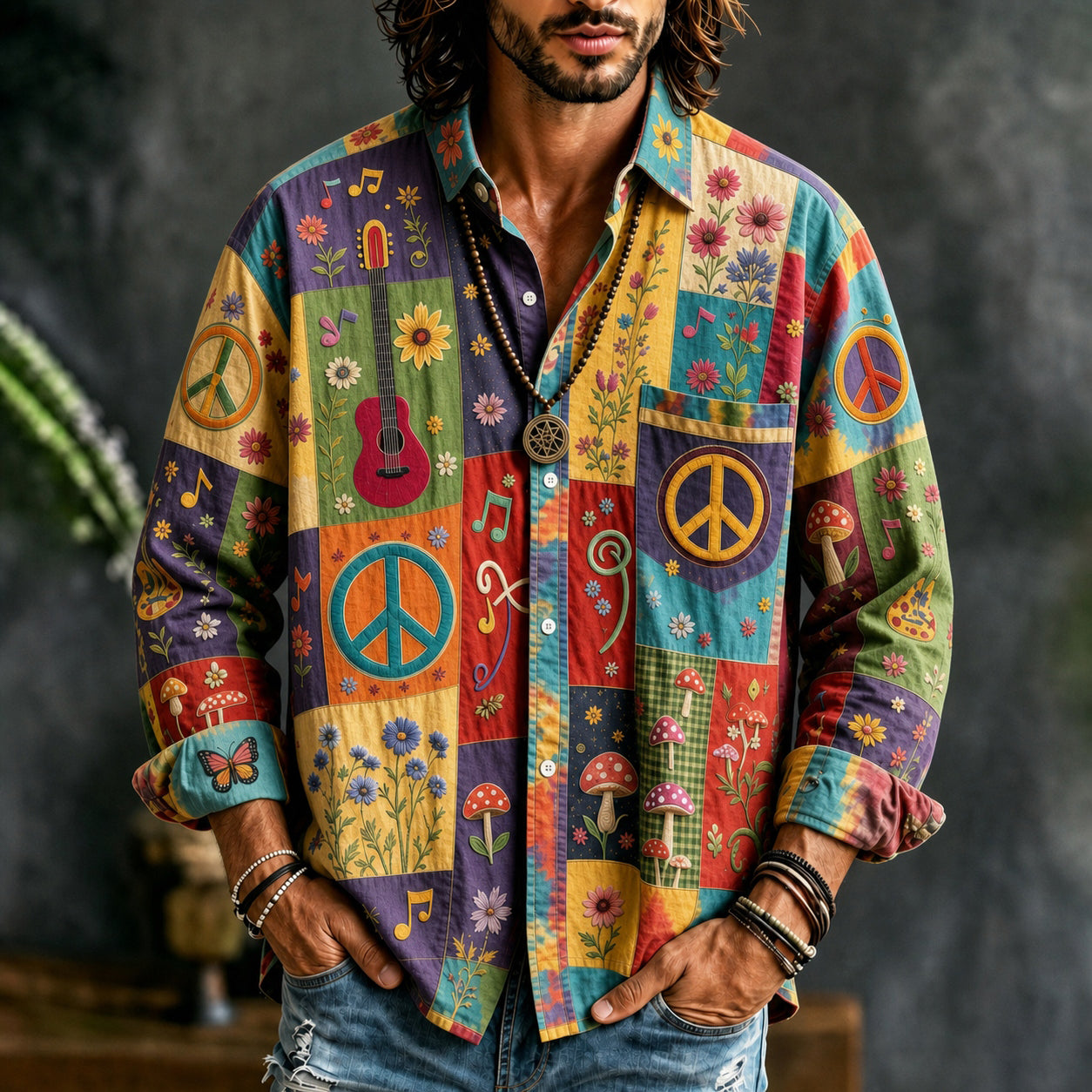 Men's long-sleeve patchwork shirt with peace, music, floral and mushroom motifs