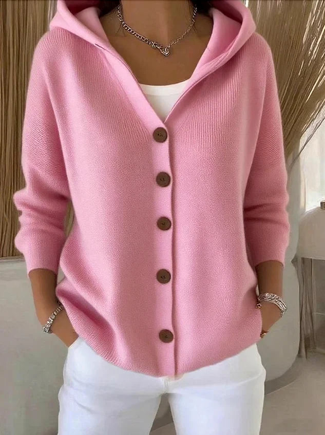 Women's hooded long-sleeve button cardigan with ribbed knit finish and side pockets