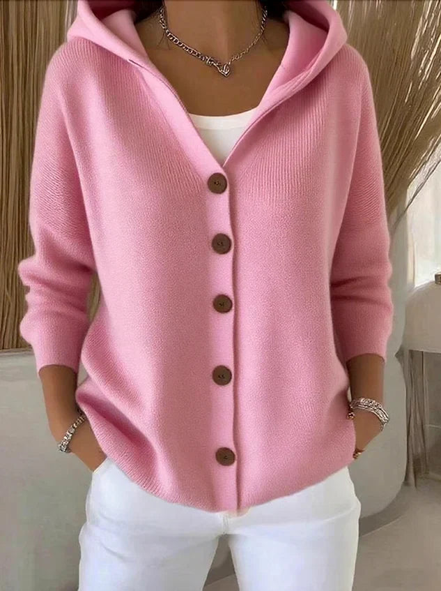 Women's hooded ribbed knit cardigan with long sleeves and button front