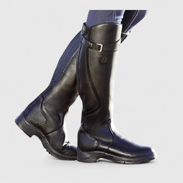 Women's knee-high panelled boots with buckle straps and low heels