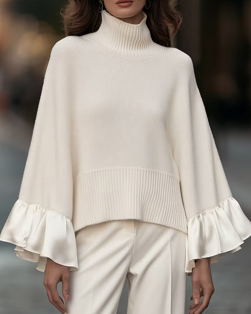 Women's beige turtleneck jumper with long sleeves and layered ruffle cuffs