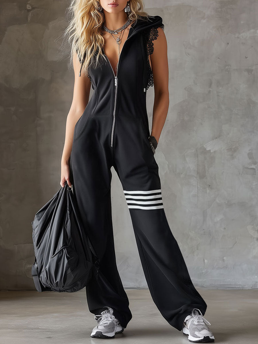 Women's Hooded Utility Jumpsuit Zip Sleeveless Regular Fit