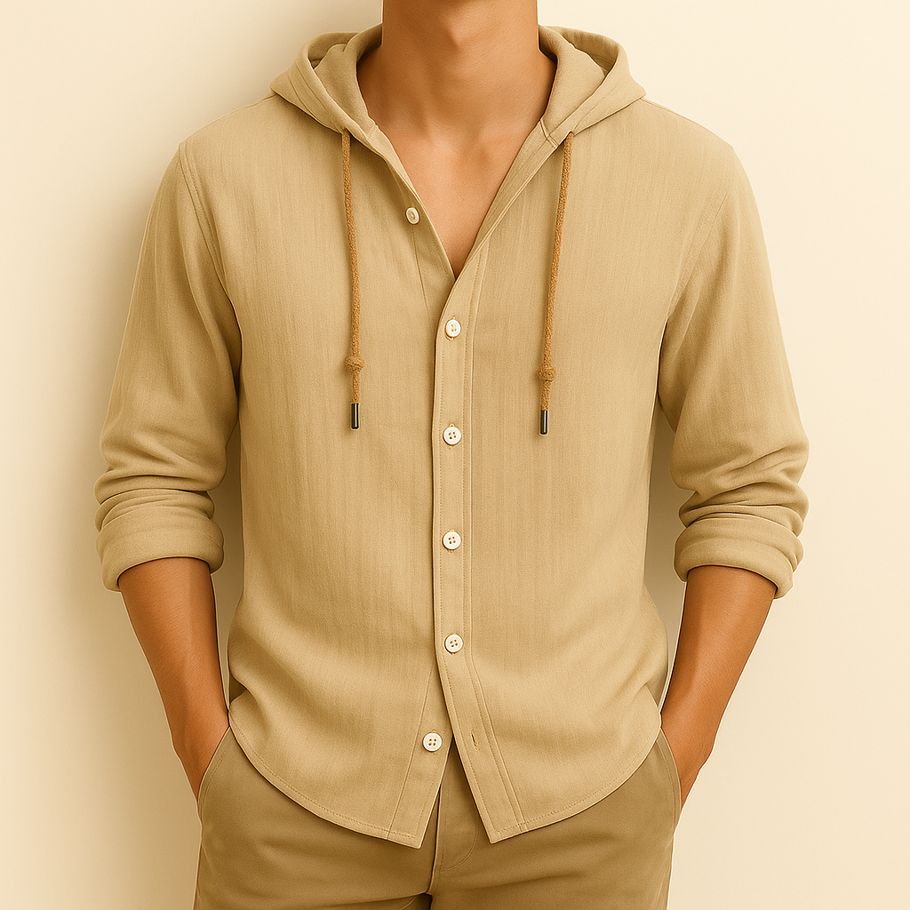 Men's long-sleeved hooded button shirt with drawstrings and curved hem