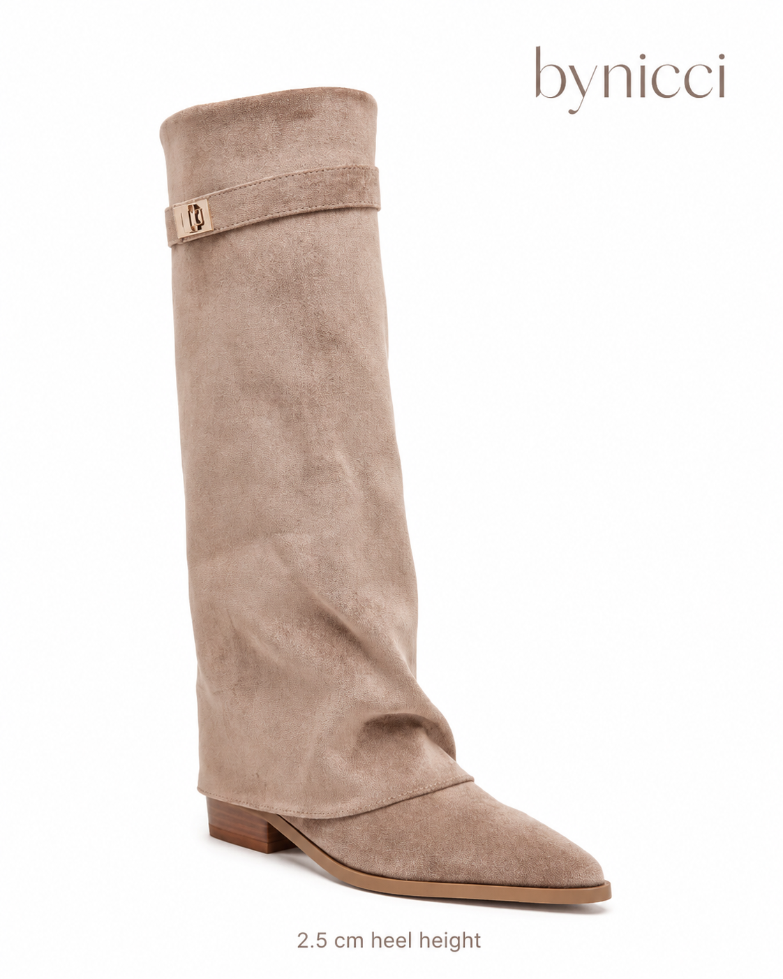 Women's beige knee-high boots with pointed toes, low block heels and buckle detail