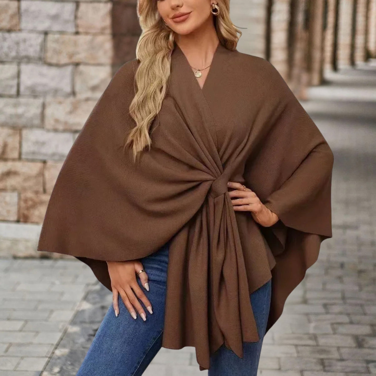 Women's batwing draped cape coat with tie waist and V-neckline