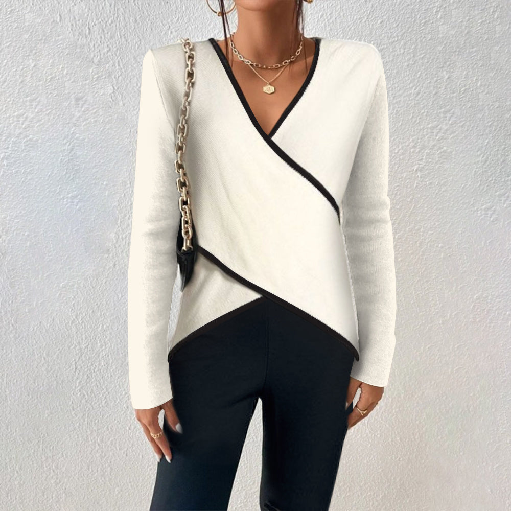 Women's white wrap jumper with long sleeves and black trim