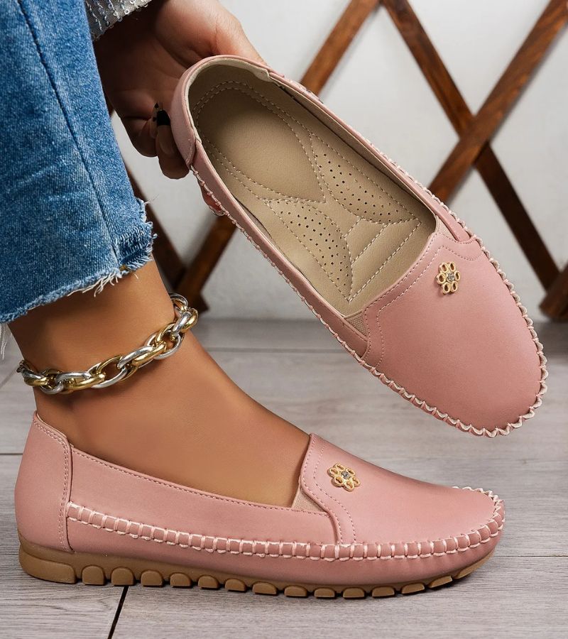 Women's plain square-toe moccasin loafers with decorative front trim and stitched edging
