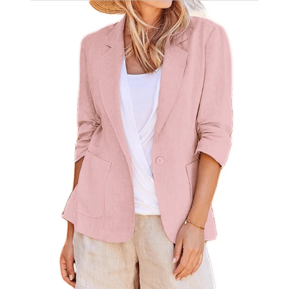 Women's single-breasted blazer with notched lapels, three-quarter sleeves and patch pockets