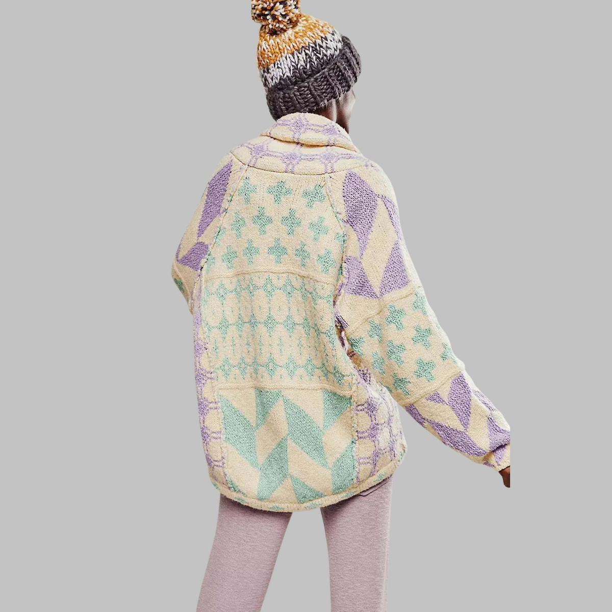 Women's oversized multi-patterned cardigan with shawl collar and button front