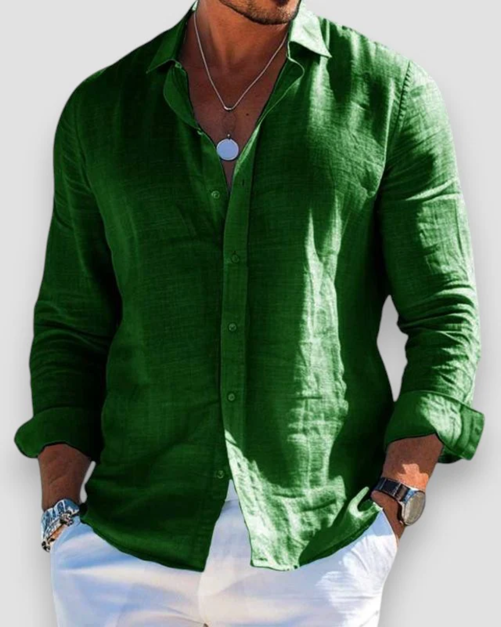 Men's plain long-sleeve button shirt with collared neckline and rolled cuffs