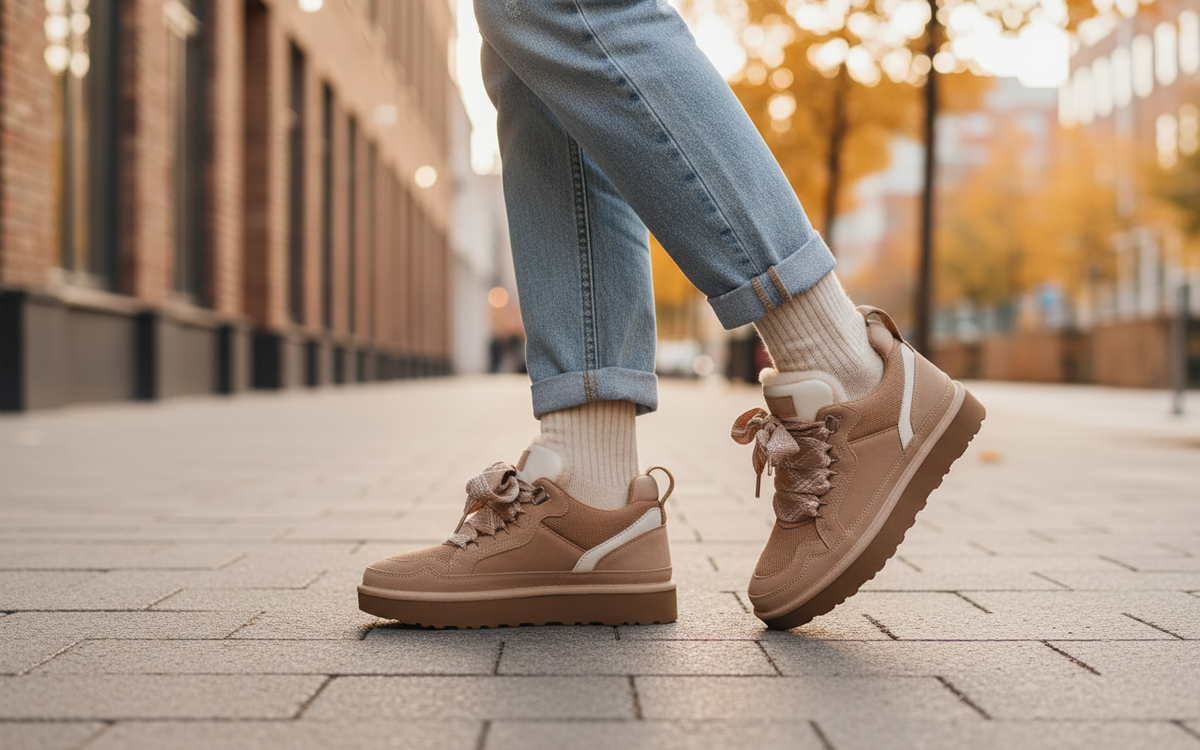 Beige women's high-top trainers with patterned laces and plush ankle trim