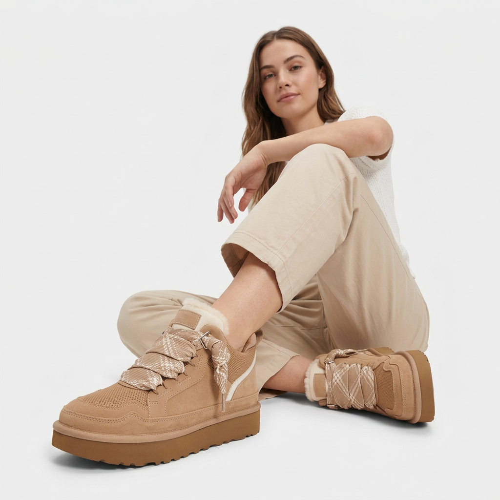 Beige women's high-top trainers with patterned laces and plush ankle trim