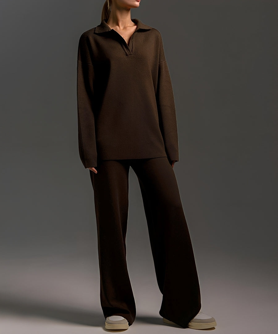 Women's two-piece set with collared jumper and wide-leg trousers