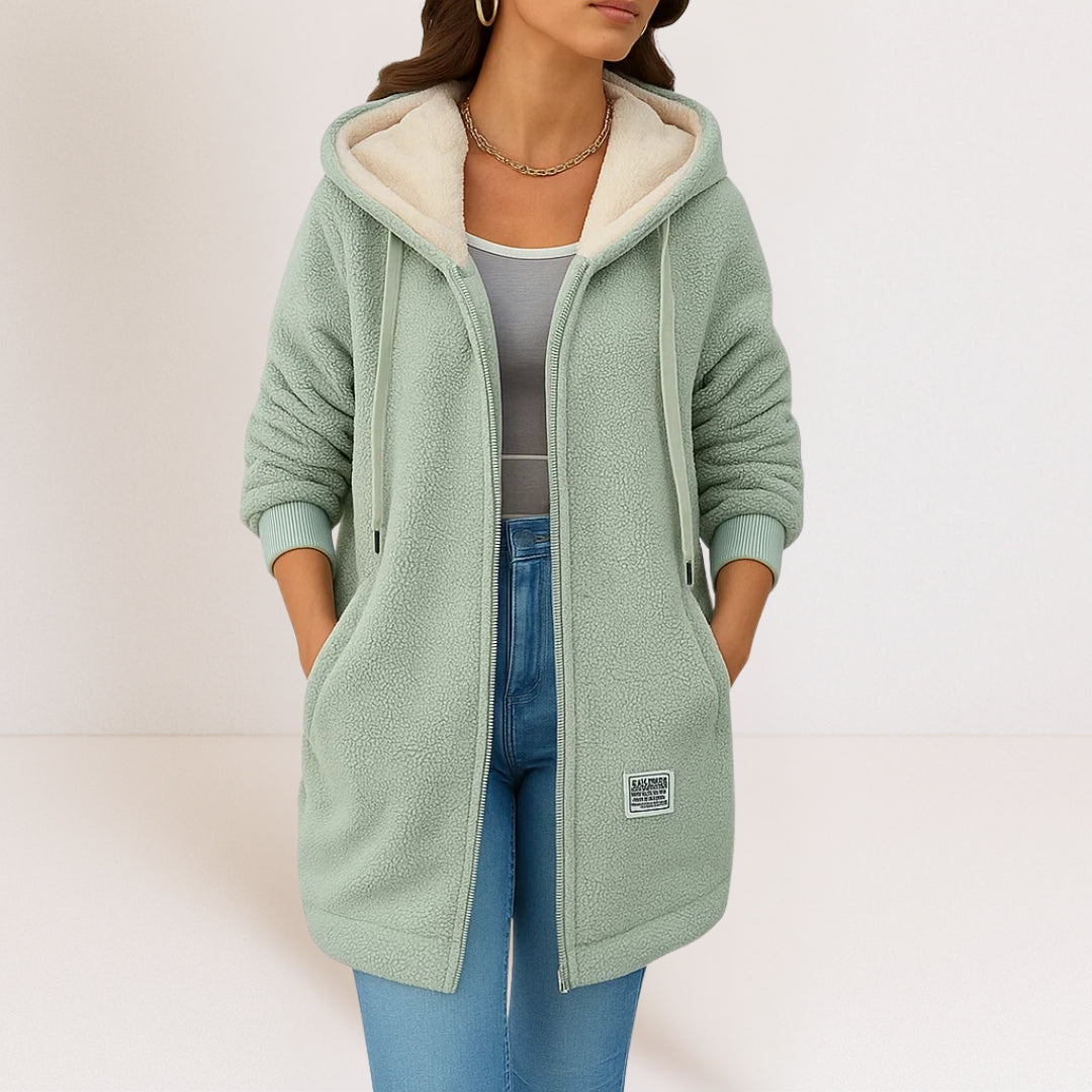 Women's longline hooded fleece jacket with zip front and pockets