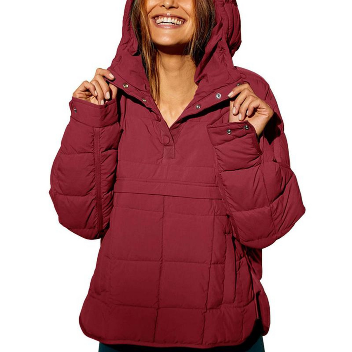 Women's oversized quilted hooded pullover jacket with long sleeves and front pockets