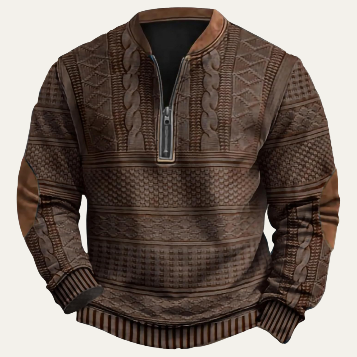 Men's textured patterned half-zip sweater with elbow patches and ribbed trims