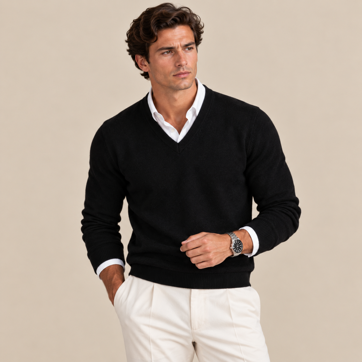 Men's long-sleeve V-neck sweater with ribbed trims