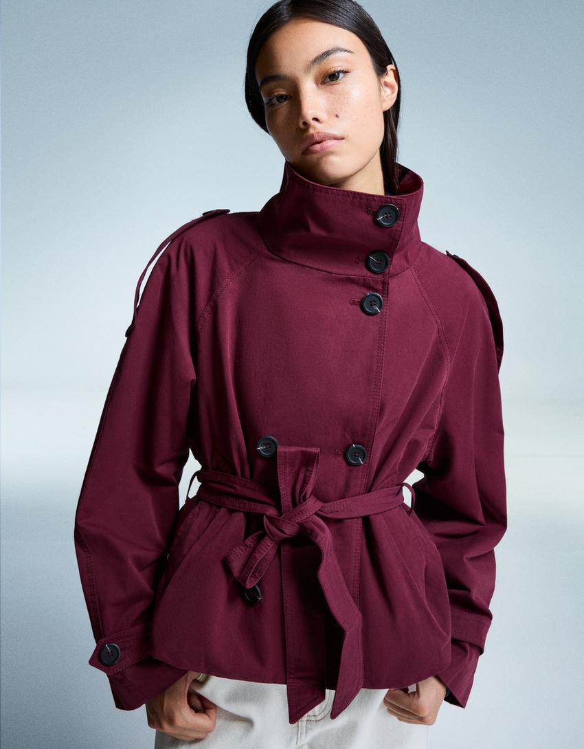 Women's cropped trench jacket with high collar, button front and belted waist