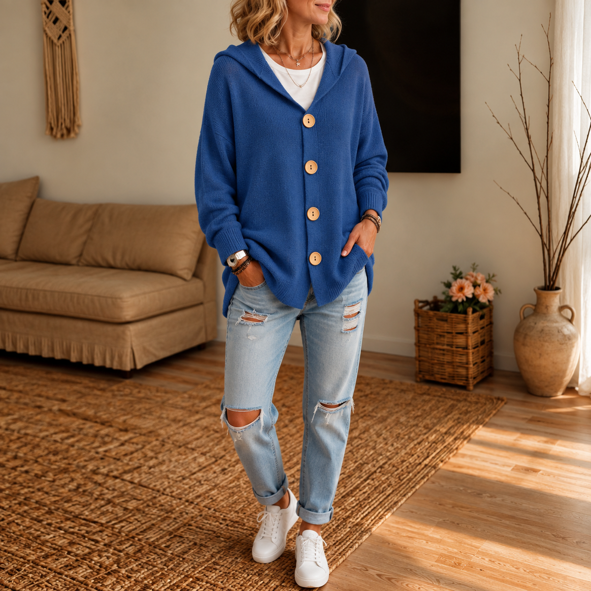 Women's hooded waffle-knit cardigan with button front and ribbed cuffs