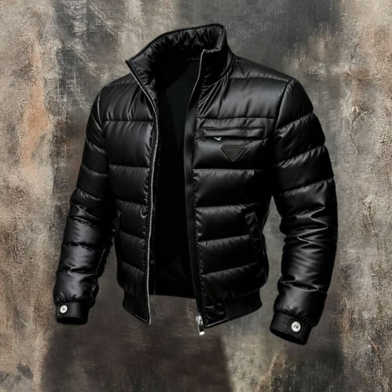 Men's black quilted puffer jacket with raised collar and front zip