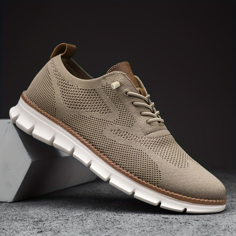 Men's Knit Trainers Lace-Up White Sole - Beige
