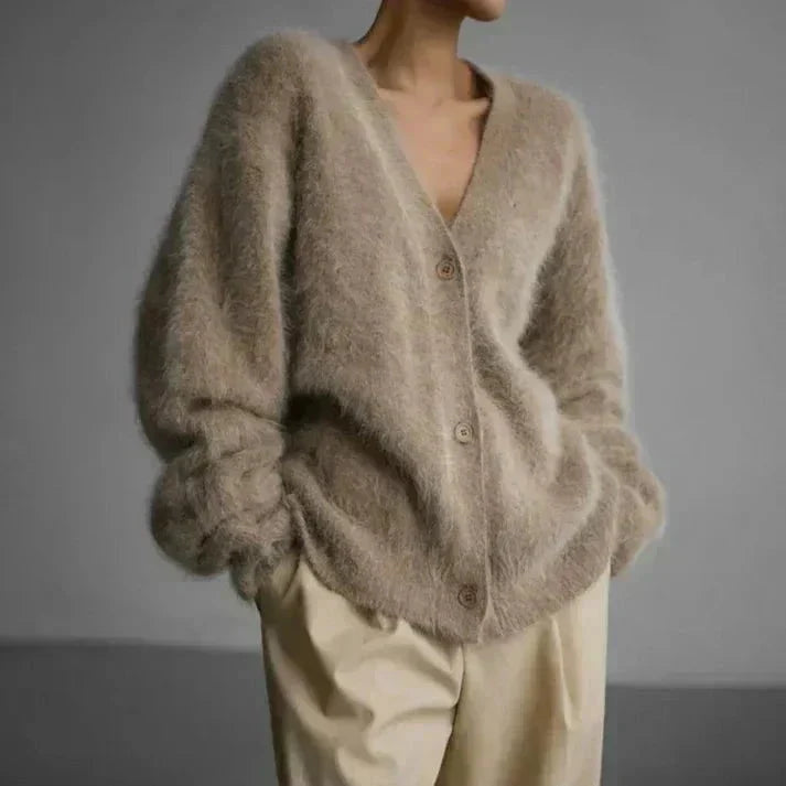 Women's V-neck knitted cardigan with long sleeves and button front