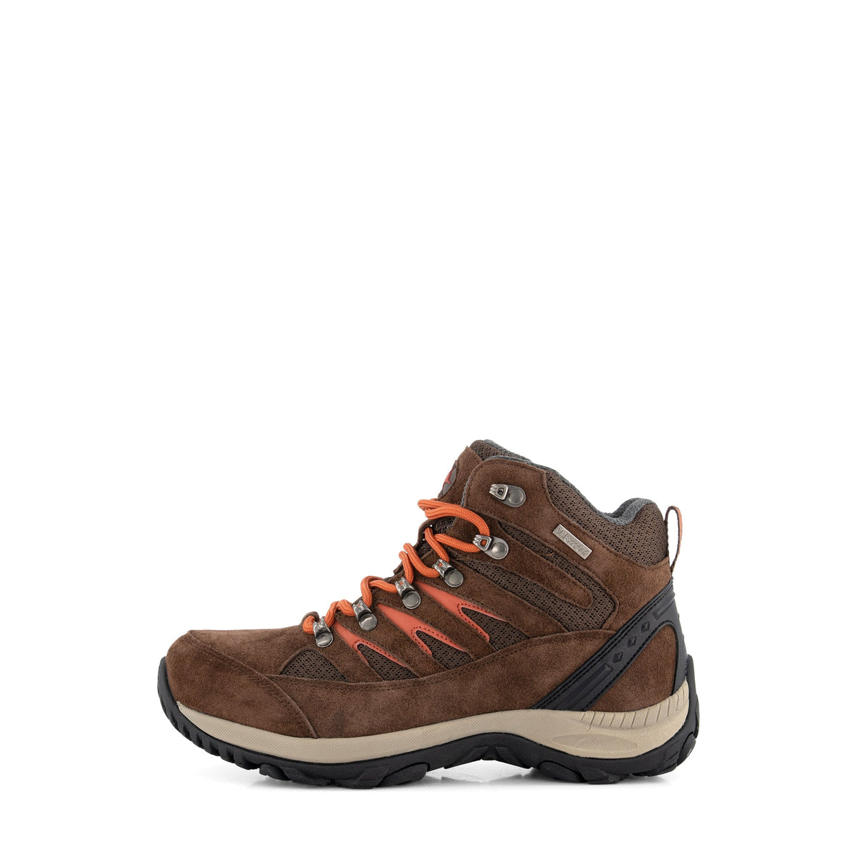 Brown high-top hiking boots with orange laces and lugged soles