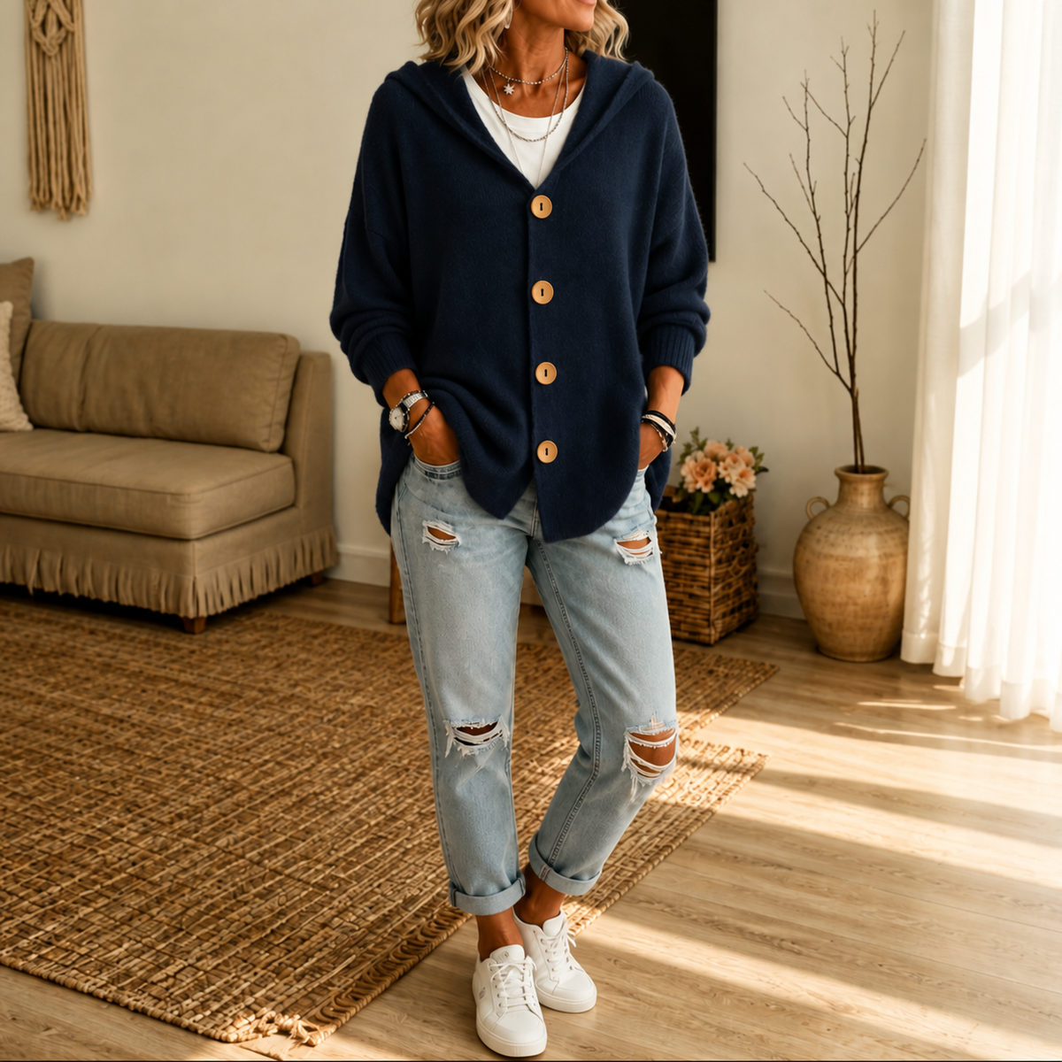 Women's hooded waffle-knit cardigan with button front and ribbed cuffs