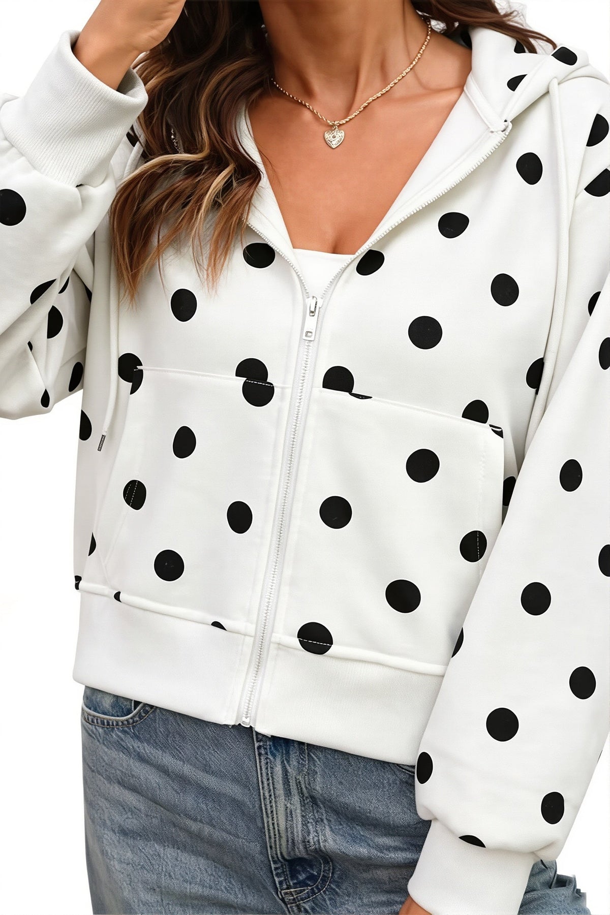 Women's cropped polka dot hoodie with hood, long sleeves and front zip
