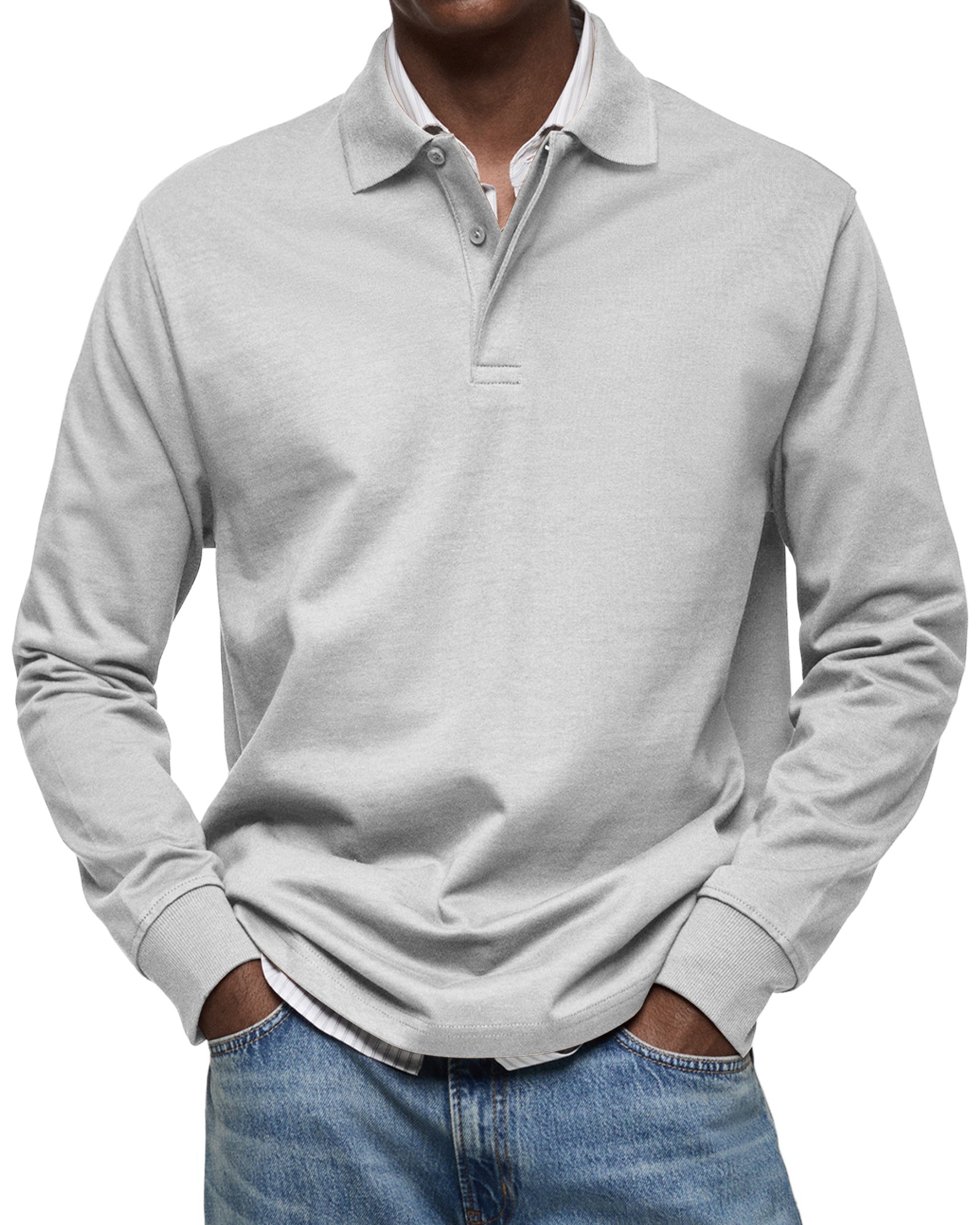 Men's long-sleeve polo jumper with collared neckline and button placket