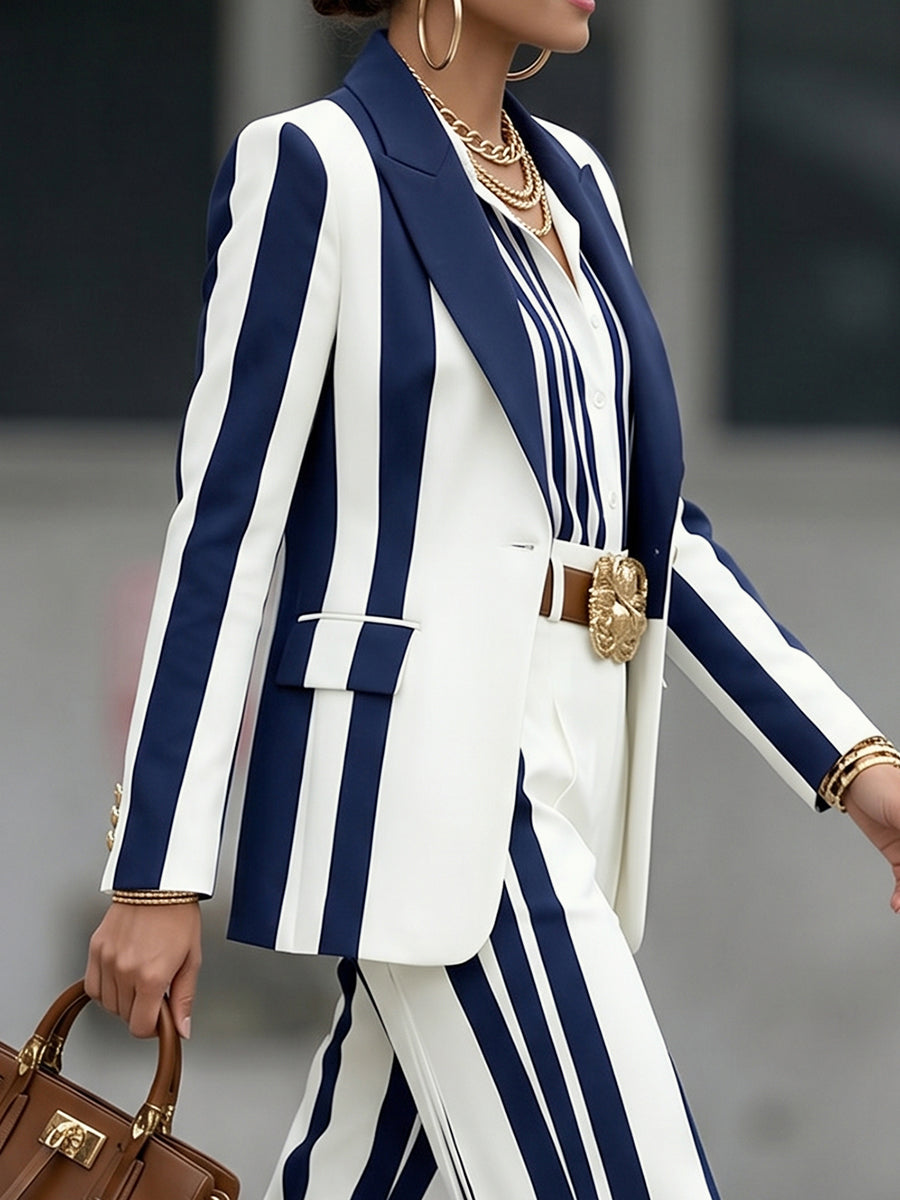 Women's navy and white striped blazer with notched collar and long sleeves
