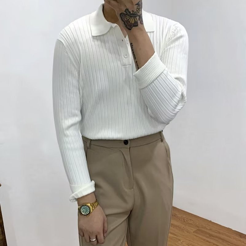 Men's ribbed polo sweater with lapel collar and long sleeves