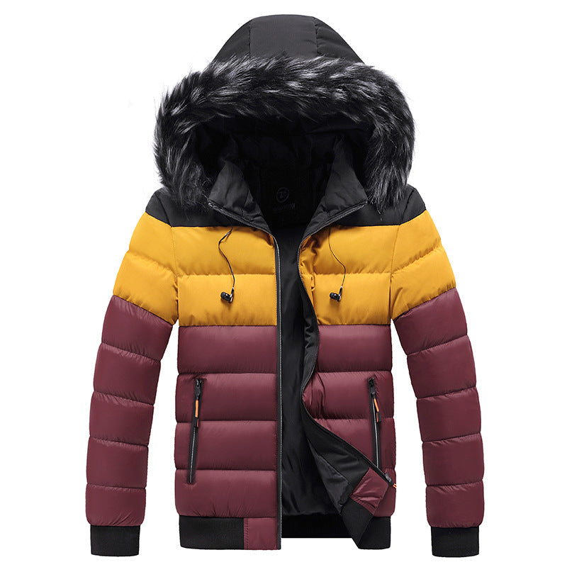 Men's colour-block puffer jacket with fur-trim hood and front zip