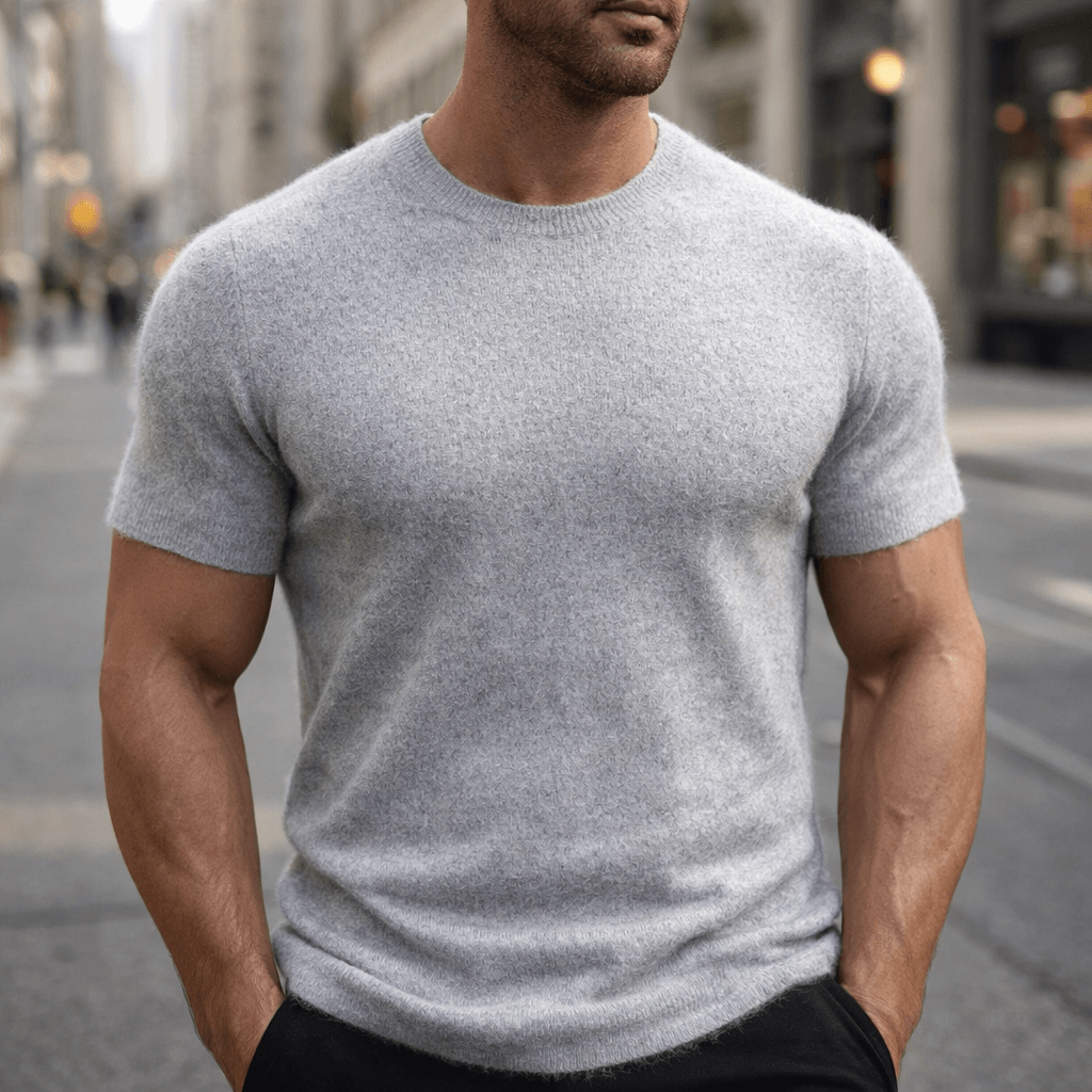 Men's short-sleeve knitted crew neck T-shirt with ribbed edging