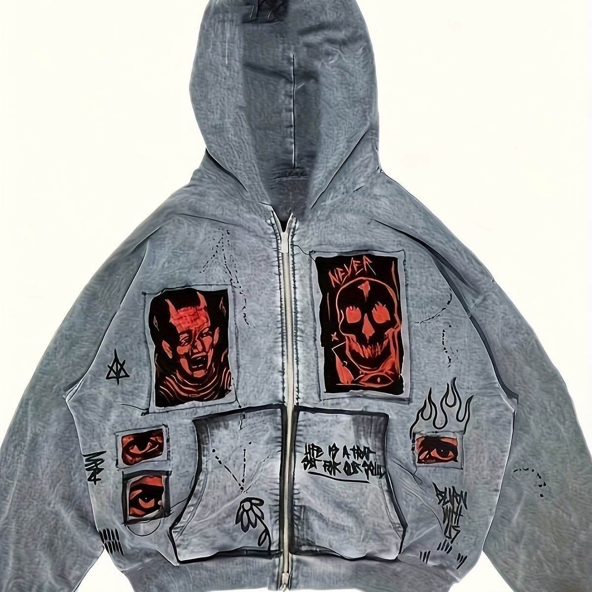 Men's grey zip-up hoodie with hood and graphic front panels