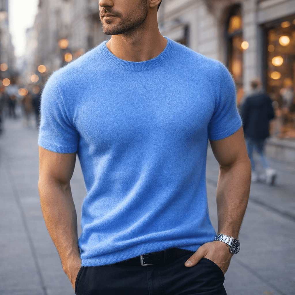 Men's short-sleeve knitted crew neck T-shirt with ribbed edging