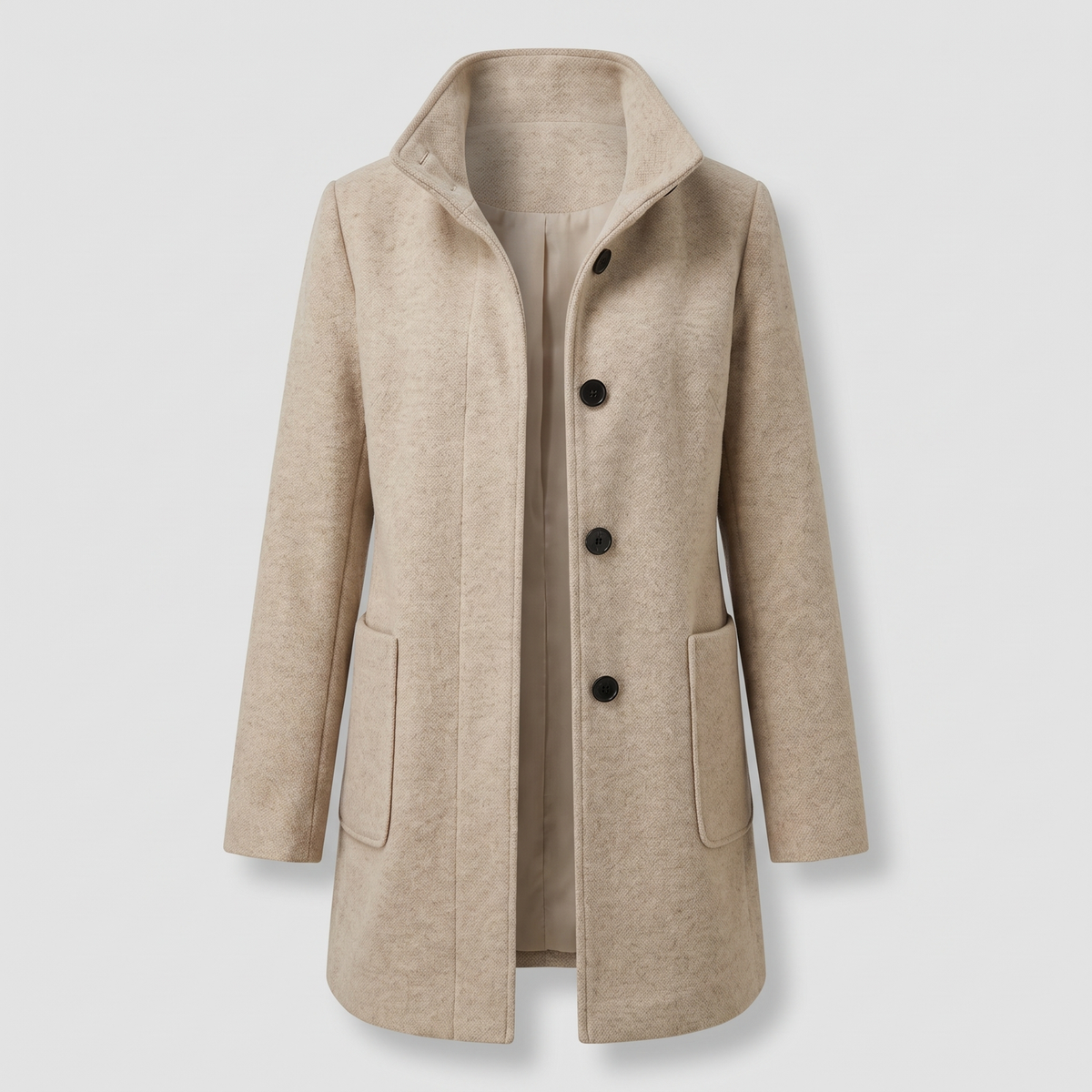 Women's longline coat with raised collar, button front and patch pockets