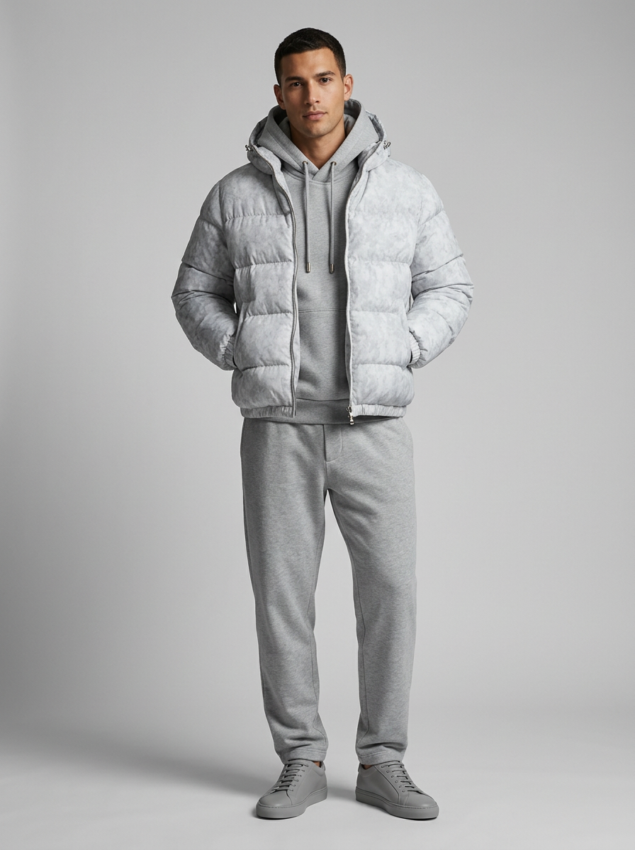 Men's hooded quilted puffer jacket with zip front and pockets