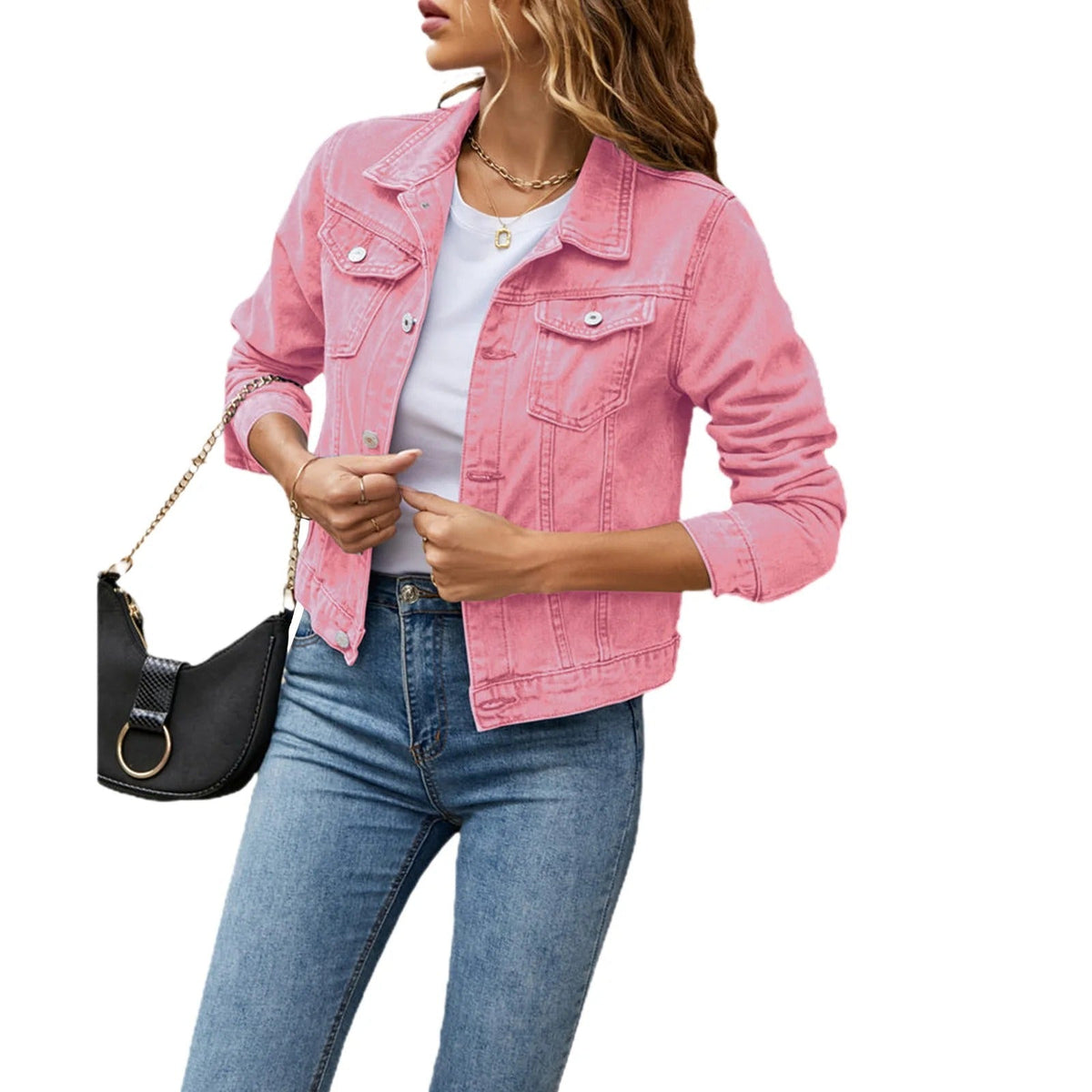 Women's denim jacket with point collar, button front and chest pockets