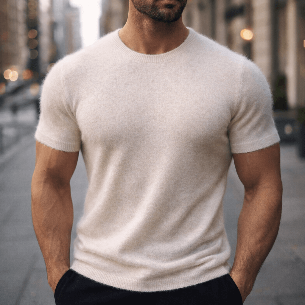 Men's short-sleeve knitted crew neck T-shirt with ribbed edging