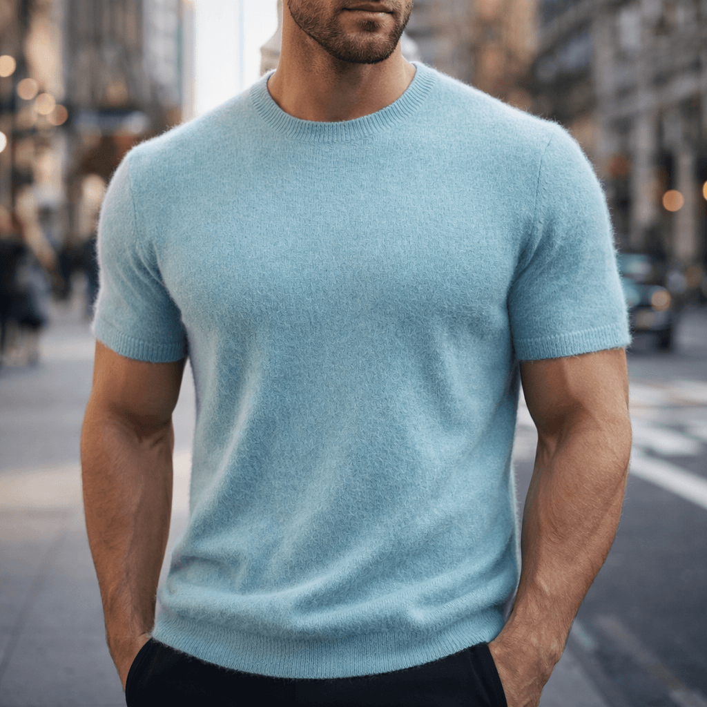 Men's short-sleeve knitted crew neck T-shirt with ribbed edging