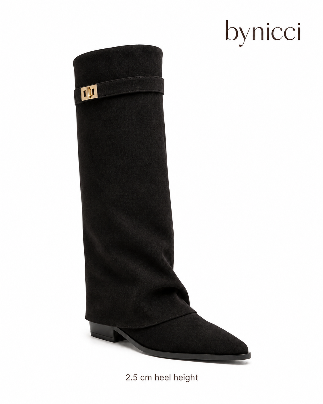 Women's black knee-high boots with pointed toes, buckle straps and low heels