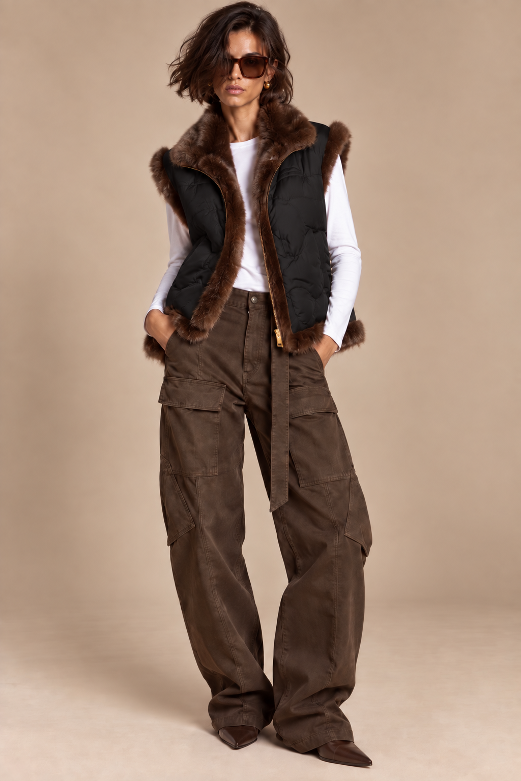 Women's sleeveless quilted puffer gilet with fur trim and front zip