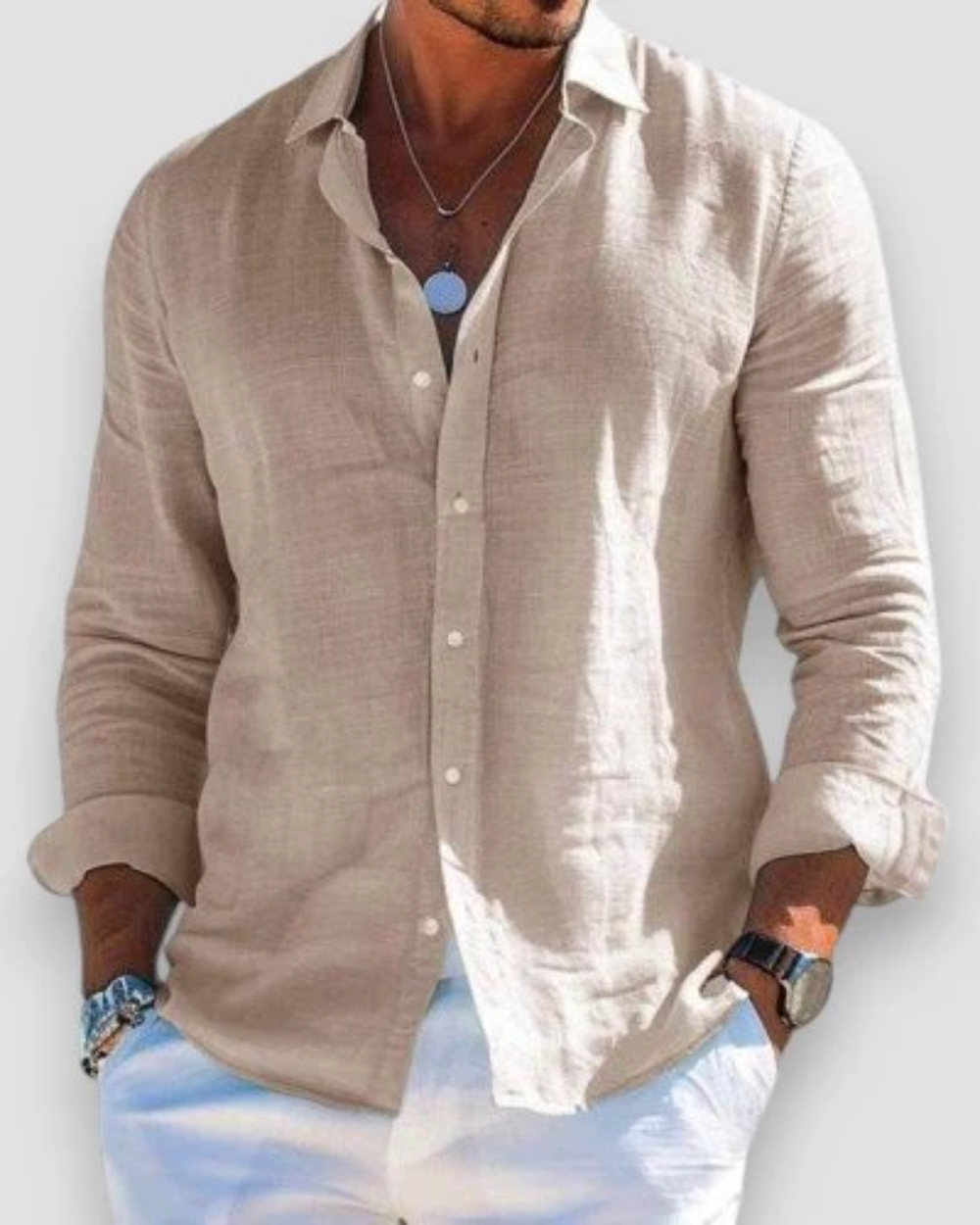 Men's plain long-sleeve button shirt with collared neckline and rolled cuffs
