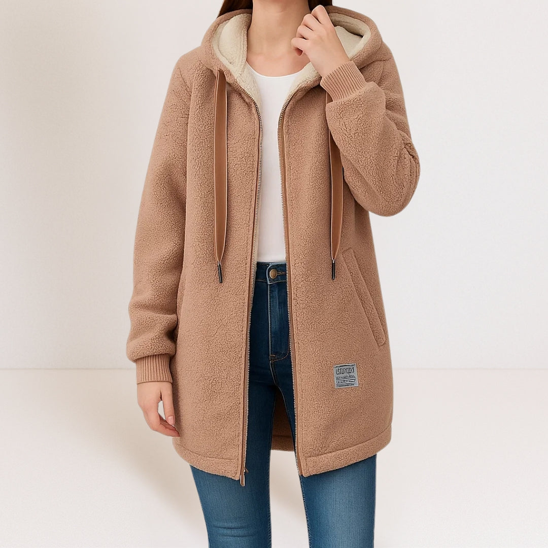 Women's longline hooded fleece jacket with zip front and pockets